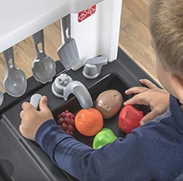 PO BN Step2 Espresso Bar Play Kitchen Set for Kids with Lights Sounds Tan White with Charcoal Grey Black Countertop