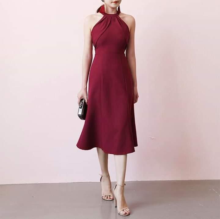 A-Line Halter Neck Pleated Ruffles Floor-length Dress Coral