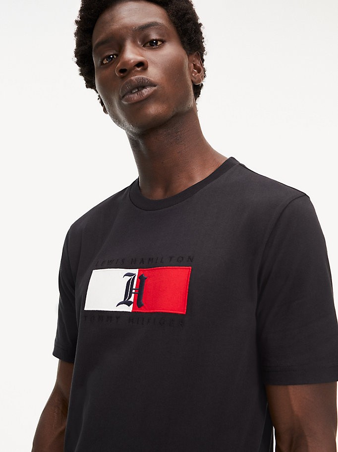 Tommy Hilfiger Lewis Hamilton flag logo black t shirt, Men's Fashion ...