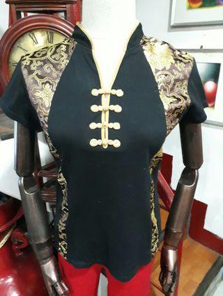 Cheongsam shirt in black cotton and gold chinese brocade  HOLIDAY SALE!!! NOW FOR ONLY 170.00