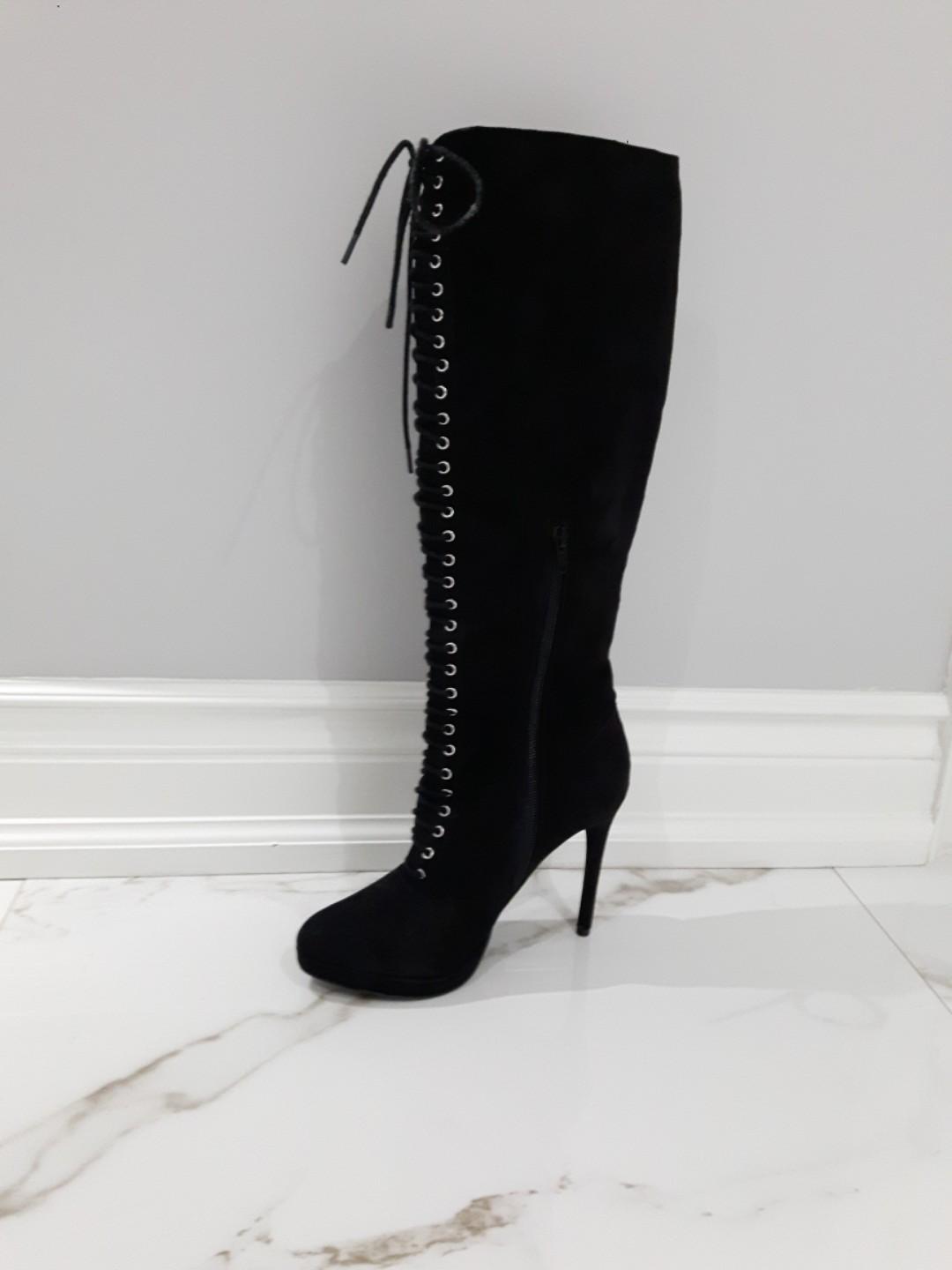 LACE UP KNEE HIGH ZIP PLATFORM BOOTS SIZE 7 (Category: Shoes) located in Toronto. Submitted by mariberry (Listing ID 275333674, Image 3). Description: •A lot easier to walk in due to the platform in the front which helps to even out the angle of the foot •heels are 4.5 inches, platform is 2cm so boots feel like 3.5 inch height. •knee boot length almost 19 inches •Zipper opening for easy foot insert •Attractive lace up •Almond toe •Very Good Condi