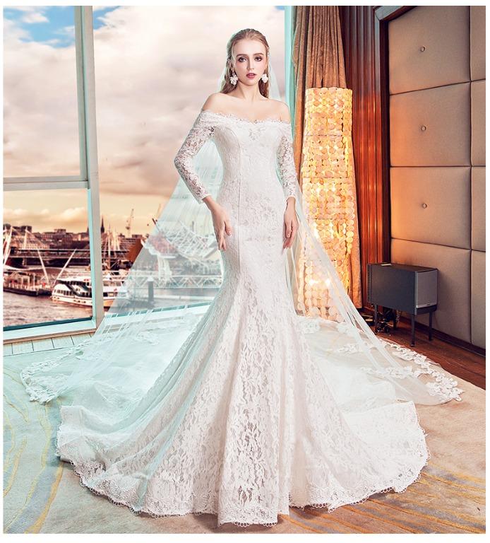 pre order white bodycon mermaid off shoulder lace fishtail wedding bridal dress gown RB1777