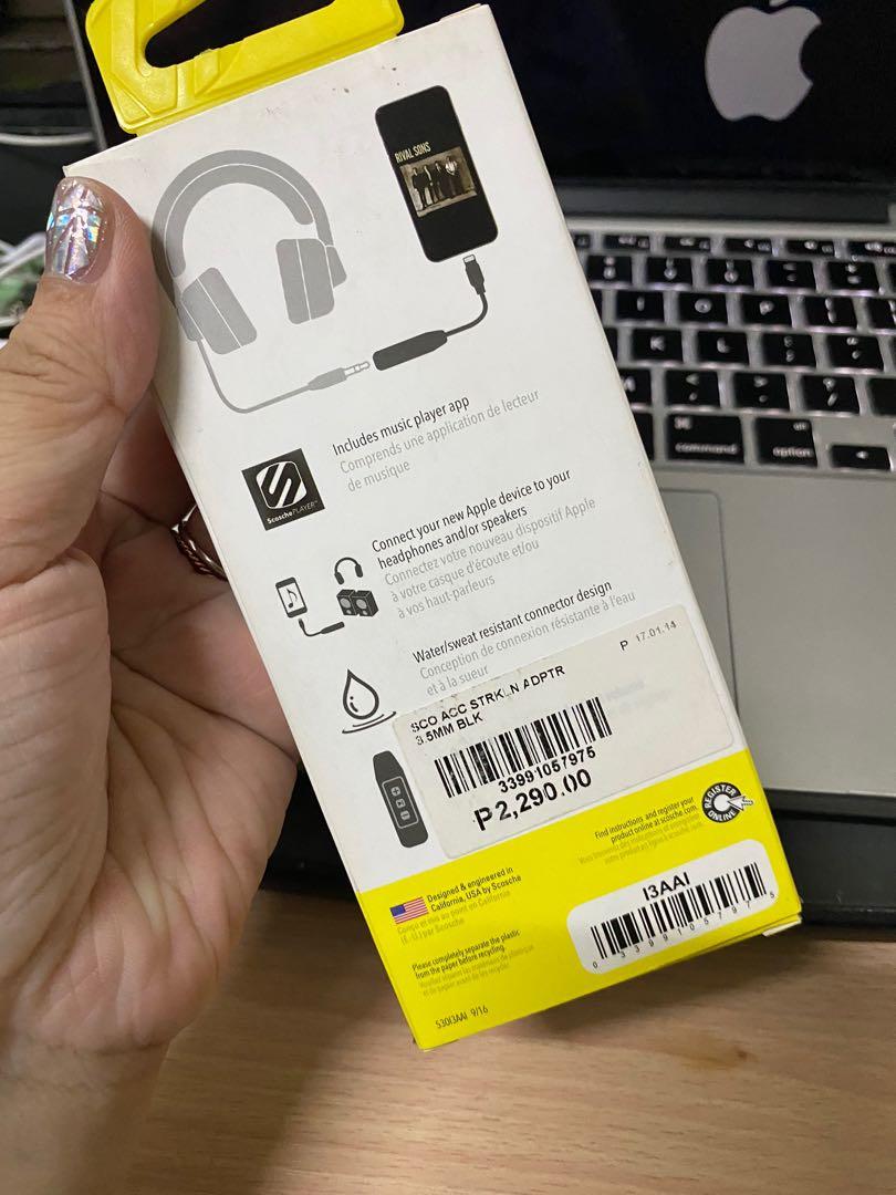 Strikeline Adaptor Headphone/ AUX adaptor (Category: Portable Audio Accessories) located in Mandaluyong City. Submitted by icezhing (Listing ID 275455438, Image 2). Description: Original price is 2290 Water resistant connector design Connect your new Apple device to your headphones Includes music app.