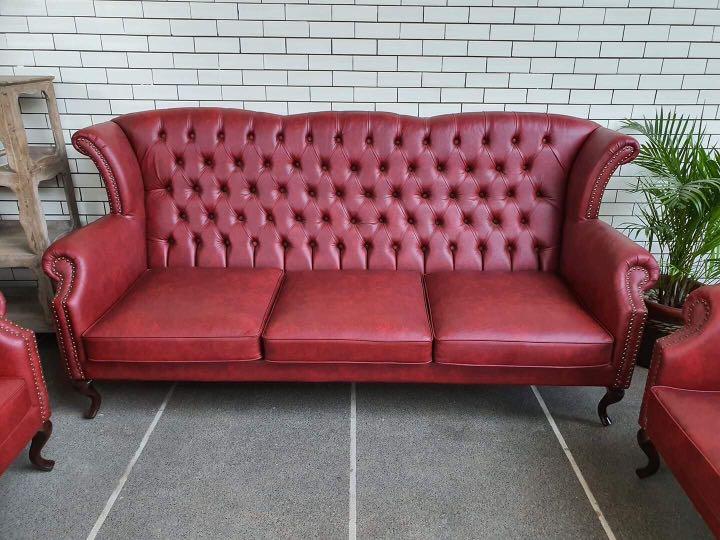 Tufted Wingback Sofa Set in German Leather, Furniture & Home Living