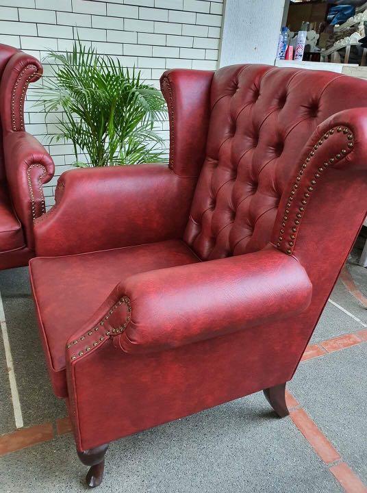 Tufted Wingback Sofa Set in German Leather, Furniture & Home Living