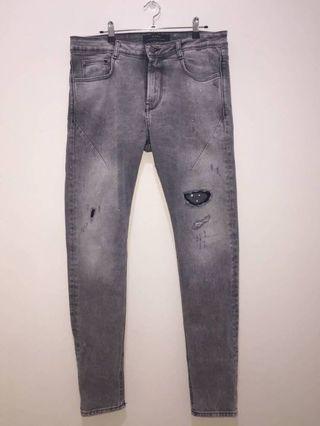 伏見古著 ZARA 灰色刷破補丁窄版褲 vintage