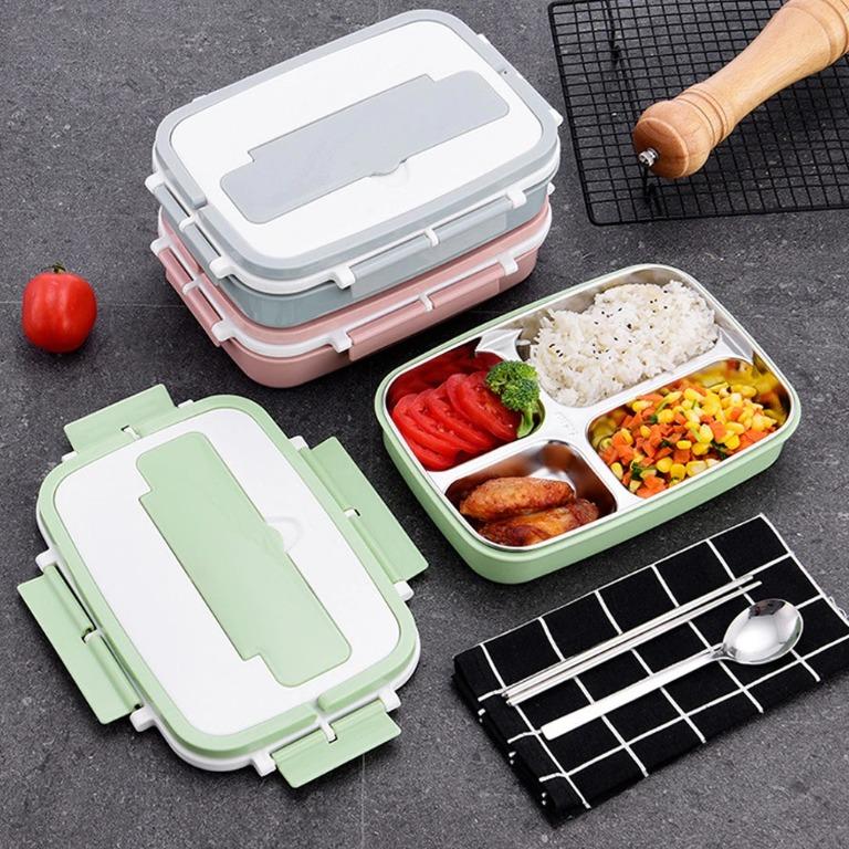 4-grid Lunch Box)Stainless Steel Lunch Box 4‑Grid Portable Bento Box Food  CS