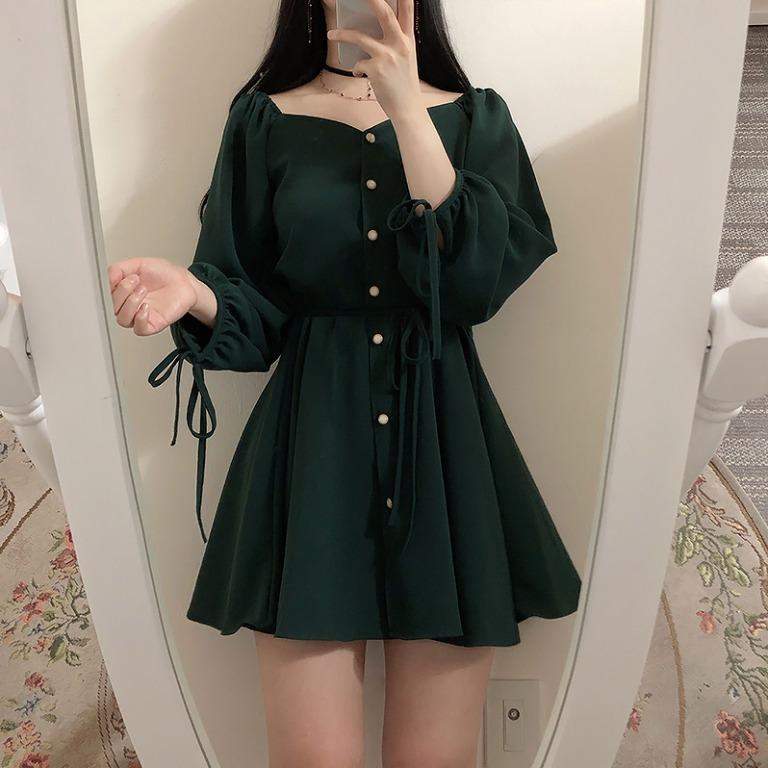 Korean Deep Green Dress Women S Fashion Clothes Dresses