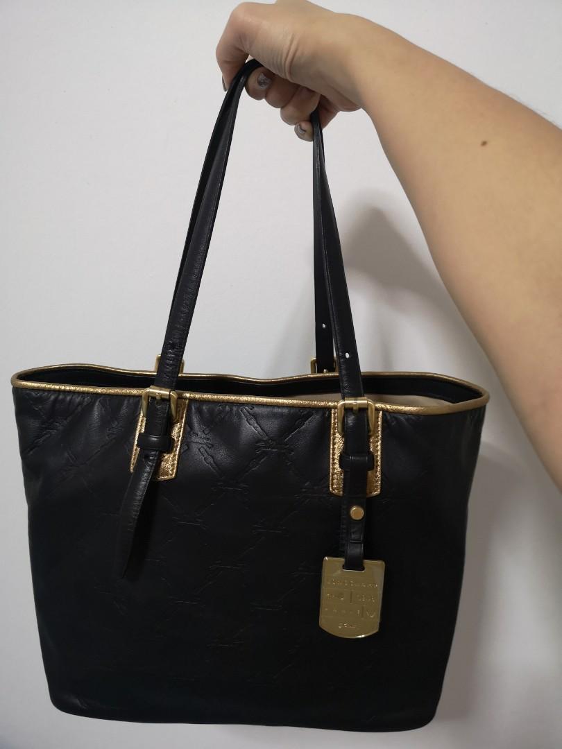 LONGCHAMP Brand New LM Cuir Medium Embossed Leather Tote Bag in Black and Metallic Gold Trim