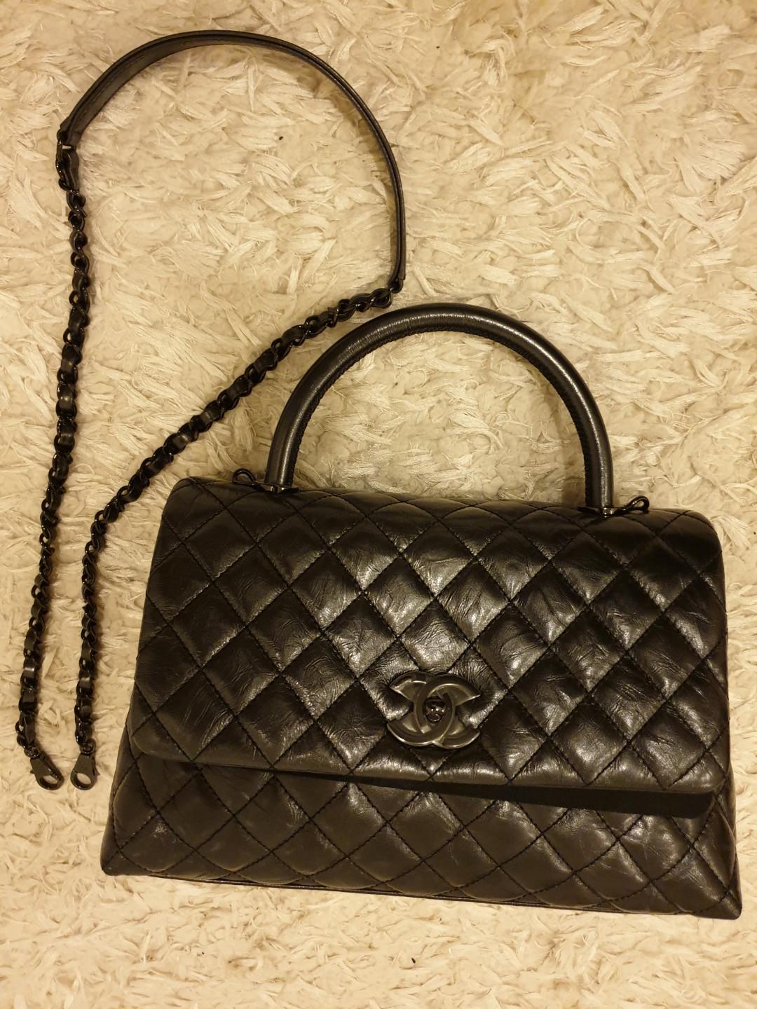 Chanel SO BLACK Metal Authentic BRAND NEW Chanel Coco top handle, distress  leather black shimmer FRESH medium flap black on black hardware bhw with