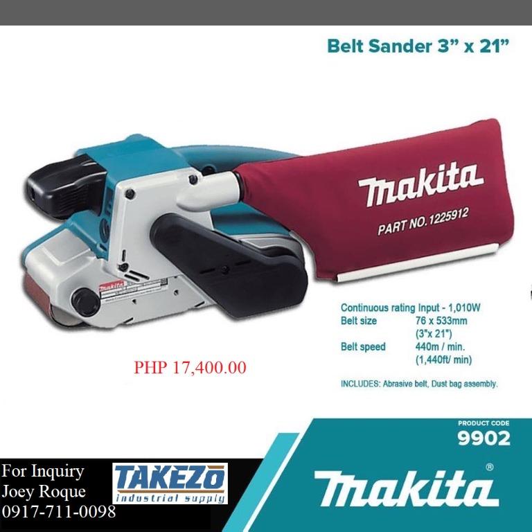 9902 Belt Sander (Category: Construction Tools & Equipment) located in Manila. Submitted by joeyroque09 (Listing ID 275874660, Image 1). Description: Takezo Industrial Supply 09177110098 For more inquiries please contact https://www.facebook.com/takezo.industrial Our Website: takezoindustrialsupply.com https://takezoindustrialsupply.storehub.me/ Belt Sander Brand: Makita Model: 9902 Continuous Rating Input: 1,010W Belt Size: 76 x 533mm Belt Speed
