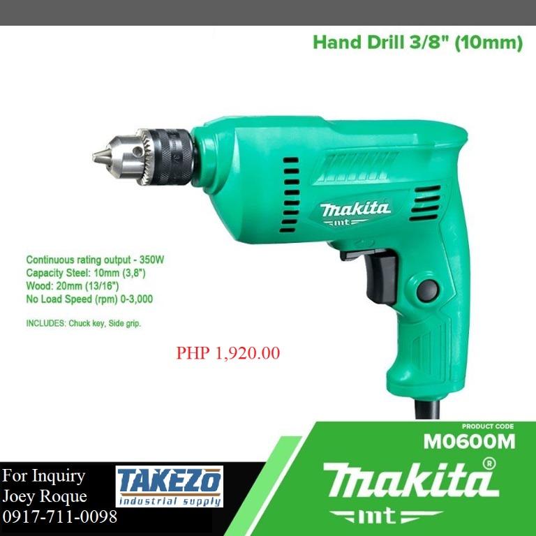 M0600M Hand Drill (Category: Construction Tools & Equipment) located in Manila. Submitted by joeyroque09 (Listing ID 275880697, Image 1). Description: Takezo Industrial Supply 09177110098 For more inquiries please contact https://www.facebook.com/takezo.industrial Our Website: takezoindustrialsupply.com https://takezoindustrialsupply.storehub.me/ Hand Drill 3/8" (10mm) Brand: Makita Model: M0600M Continuous Rating Input: 350w Capacity Steel: 10mm