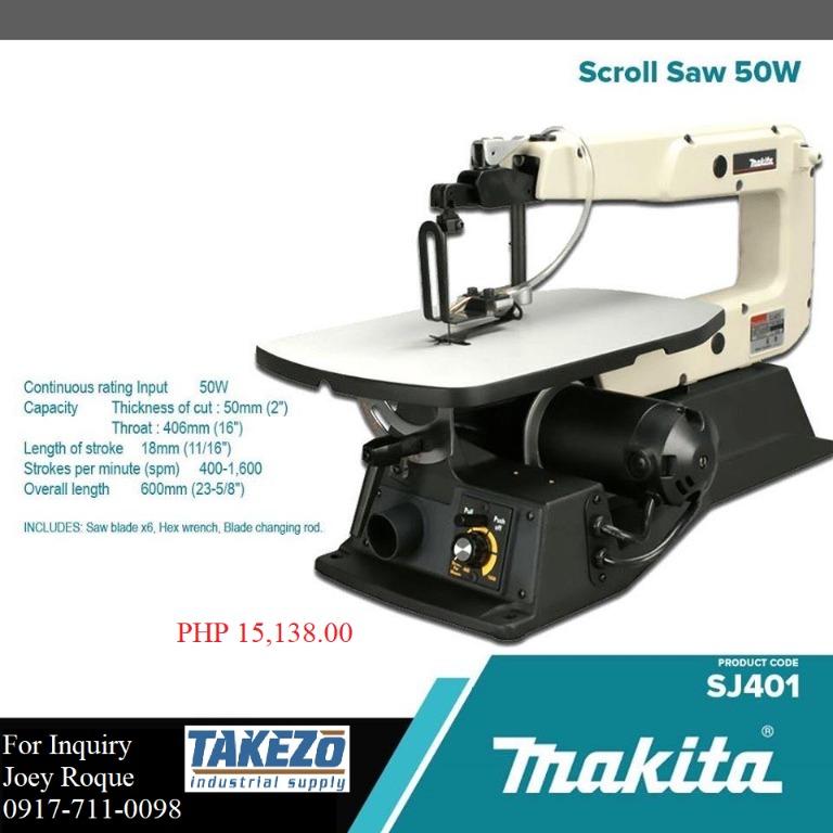 SJ401 Scroll Saw (Category: Construction Tools & Equipment) located in Manila. Submitted by joeyroque09 (Listing ID 275877176, Image 1). Description: Takezo Industrial Supply 09177110098 For more inquiries please contact https://www.facebook.com/takezo.industrial Our Website: takezoindustrialsupply.com https://takezoindustrialsupply.storehub.me/ Scroll Saw 50W Brand: Makita Model: SJ401 Continuous Rating Input: 50w Capacity: Thickness of Cut: 50m