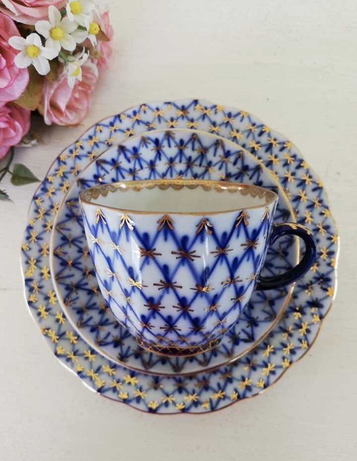 Imperial Lomonosov Porcelain Soup Cup w/ Saucer Cobalt Net 