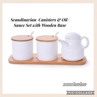 Stock Clearance Brand New Nordic Canisters & Oil/Sauce Set with Wooden Base