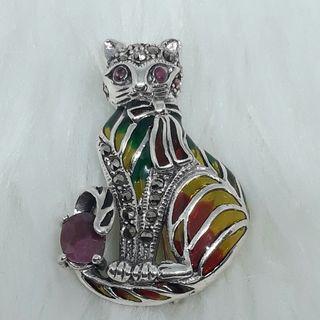 Madagascar Ruby with Marcasite and Enamel S925 Sterling Silver Pendant/Brooch  Face 39x26mm