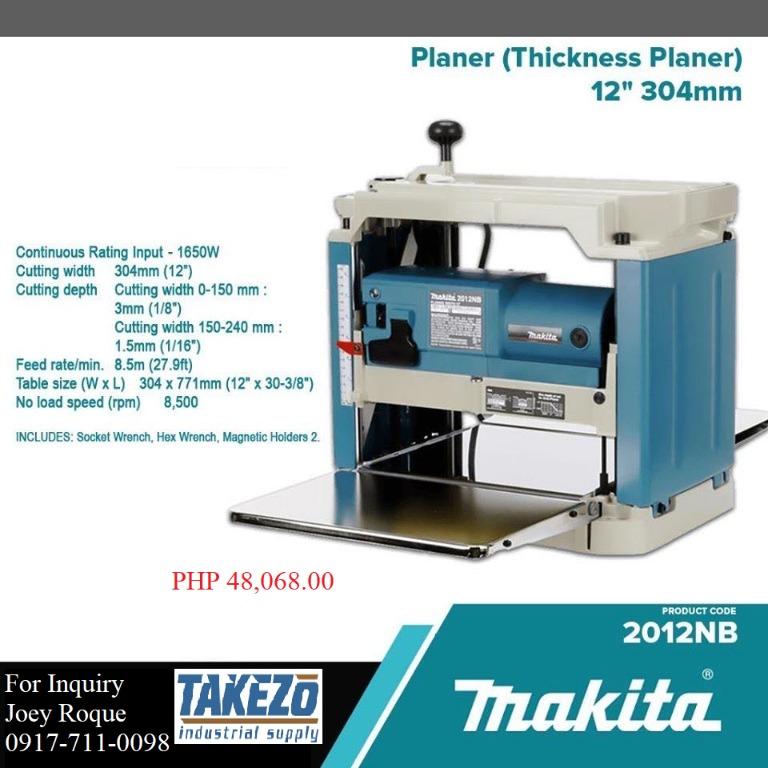 2012NB Thickness Planer (Category: Construction Tools & Equipment) located in Manila. Submitted by joeyroque09 (Listing ID 275980015, Image 1). Description: Takezo Industrial Supply 09177110098 For more inquiries please contact https://www.facebook.com/takezo.industrial Our Website: takezoindustrialsupply.com https://takezoindustrialsupply.storehub.me/ Planer (Thickness Planer) 12" 304mm Model: 2012NB Brand: Makita Continuous Rating Input: 1650W 