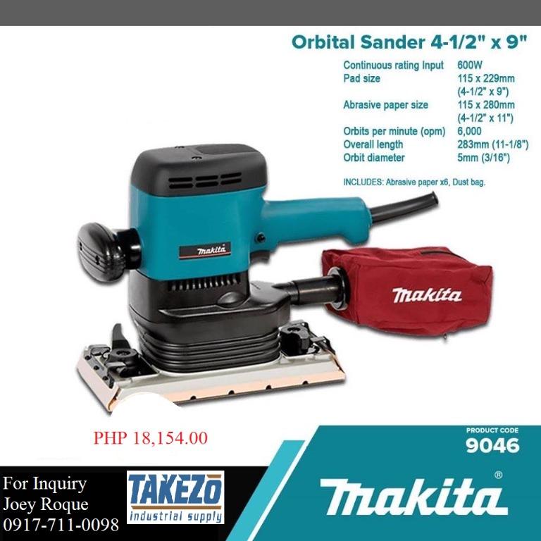 9046 Orbital Sander (Category: Construction Tools & Equipment) located in Manila. Submitted by joeyroque09 (Listing ID 275980601, Image 1). Description: Takezo Industrial Supply 09177110098 For more inquiries please contact https://www.facebook.com/takezo.industrial Our Website: takezoindustrialsupply.com https://takezoindustrialsupply.storehub.me/ Orbital Sander 4-1/2" x 9" Brand: Makita Model: 9046 Continuous Rating Input: 600W Pad Size: 115 x 