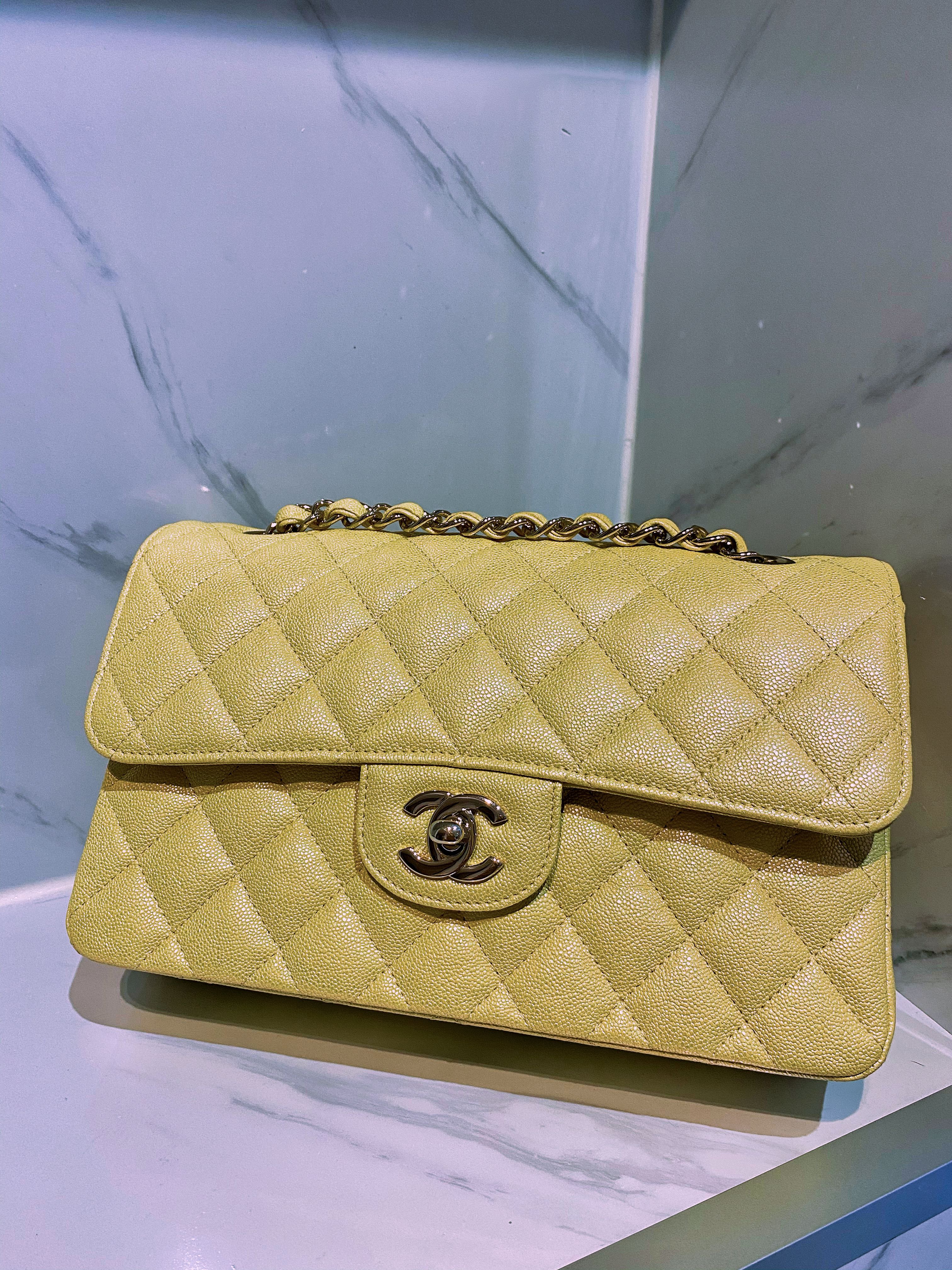 Chanel Classic Medium Double Flap, 22P Iridescent Yellow Gold Caviar  Leather, Gold Hardware, New in Box - Julia Rose Boston