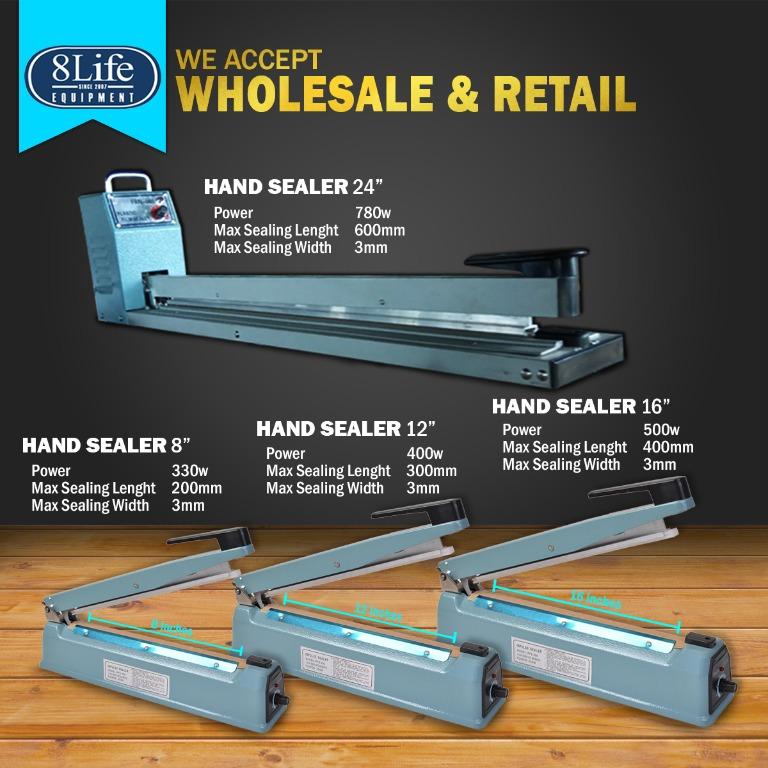 Hand sealer hand sealing machine (Category: Coffee Machines & Makers) located in Valenzuela. Submitted by eightlife_equipment (Listing ID 276144581, Image 2). Description: OTHER AVAILABLE PRODUCTS: * Hand Sealer 8 inches Metal body * Hand Sealer 12 inches Metal body * Hand sealer 24 inches Metal body * Hand sealer 8 inches Plastic body * Hand Sealer 12 inches Plastic body • BBQ Gas Grill Gas /Electric / Smokeless • Hamburger Griddle • Heavy Duty 