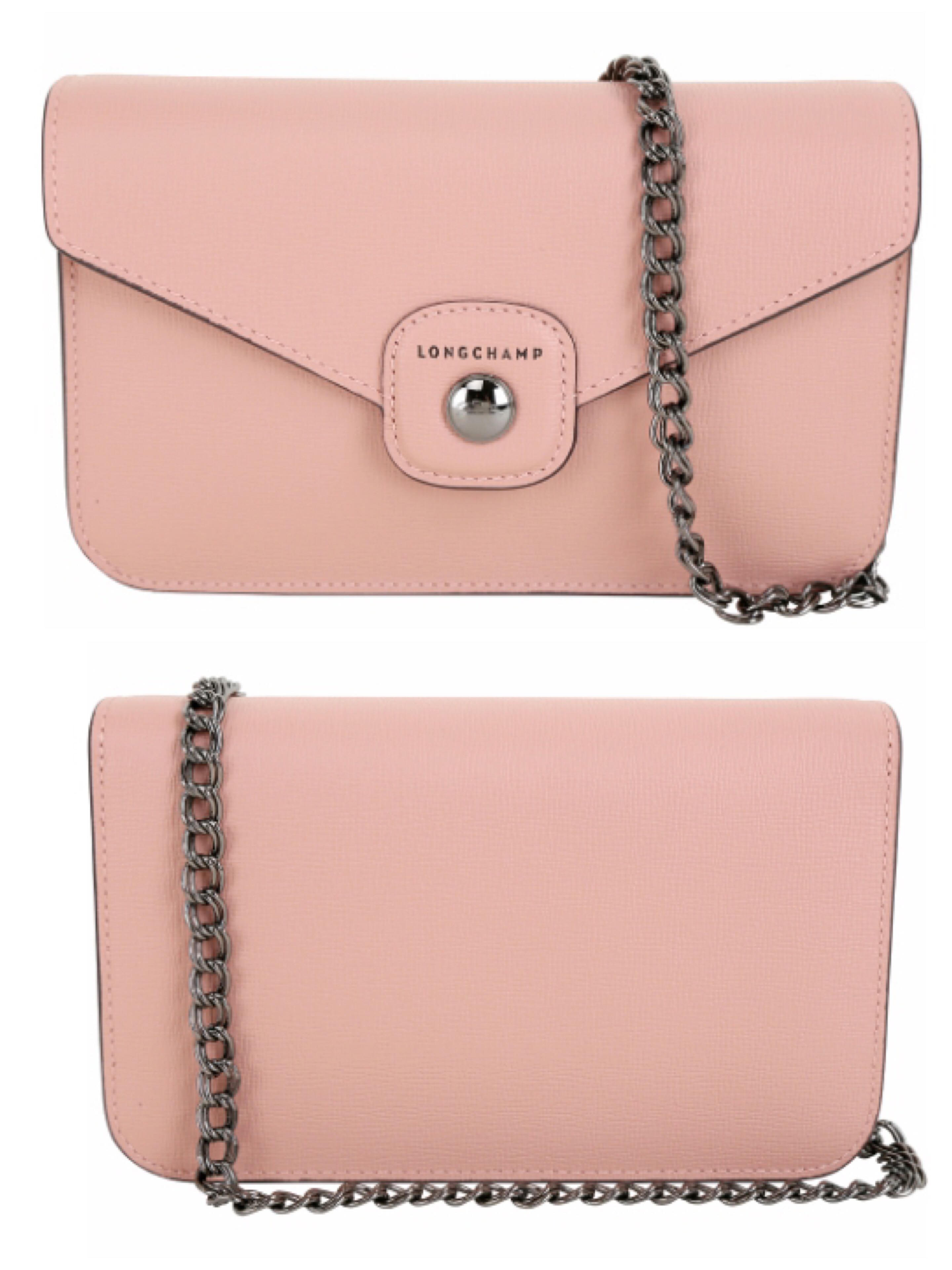 LONGCHAMP Game On WOC 銀釦牛皮手拿鍊帶包(粉色), 名牌精品, 精品包與皮夾在旋轉拍賣