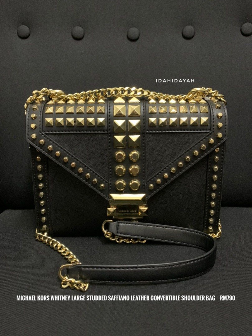 Whitney large studded saffiano leather convertible shop shoulder bag