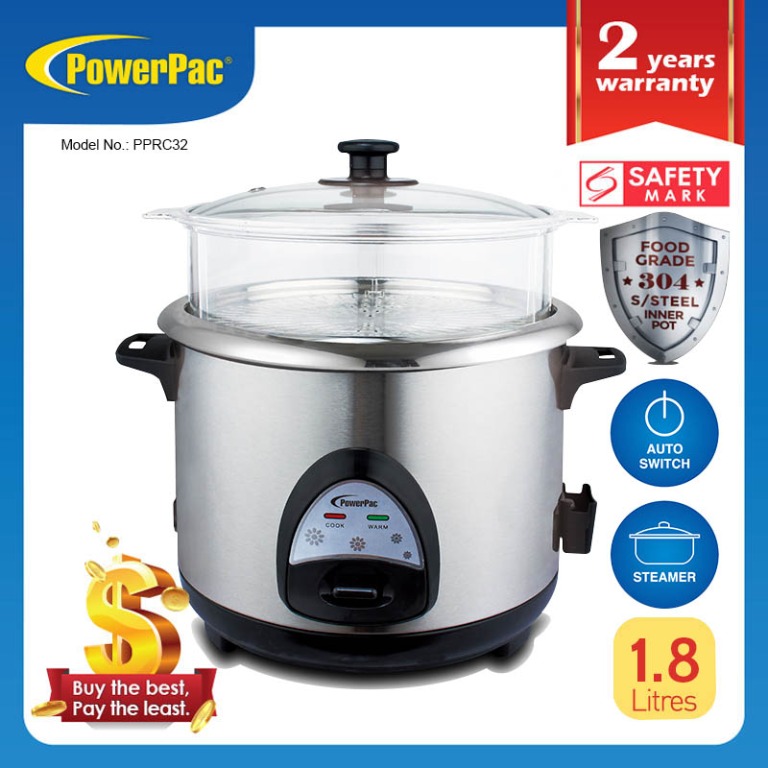 Powerpac 1 8l Rice Cooker With Stainless Steel Inner Pot Food Steamer Pprc32 Home Appliances Kitchenware On Carousell