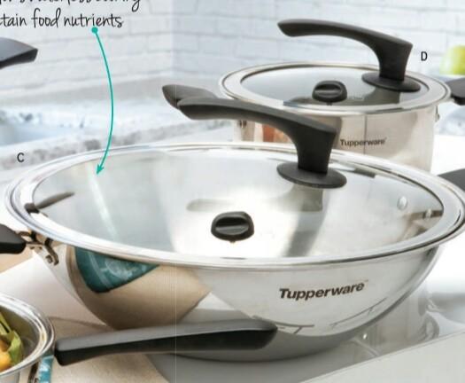 TUPPERCHEF INSPIRE COOKWARE COLLECTION (Category: Cookware & Accessories) located in Makati City. Submitted by plasticsnfrills (Listing ID 140320095, Image 3). Description: TUPPERCHEF INSPIRE COOKWARE COLLECTION Bakelite handle stays cool to the touch for easy handling. Has a moisture lock smart lid that allows waterless cooking to retain food nutrients. Each comea in a gift box. A. Inspire Stockpot Capacity: 7 liters Dimensions: 24cm D P8,999 B.