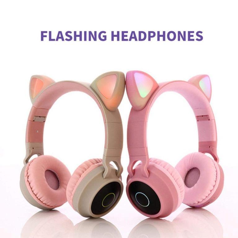 Cat Ear Wireless Headphones Leather Earmuffs Prevent Noise Led
