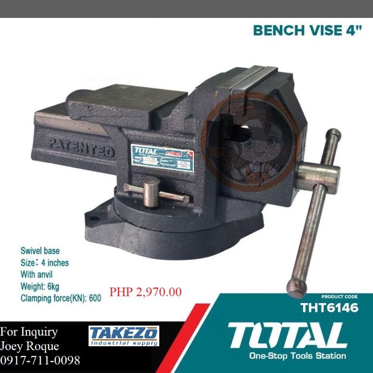 THT6146 Bench Vise (Category: Construction Tools & Equipment) located in Manila. Submitted by joeyroque09 (Listing ID 276458527, Image 1). Description: Takezo Industrial Supply 09177110098 For more inquiries please contact https://www.facebook.com/takezo.industrial Our Website: takezoindustrialsupply.com https://takezoindustrialsupply.storehub.me/ Bench Vise 4" Brand: Total Model: THT6146 Swivel Base Size: 4 inches with Anvil Weight: 6kg Clamping