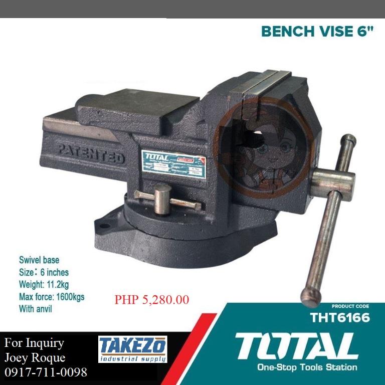 THT6166 Bench Vise (Category: Construction Tools & Equipment) located in Manila. Submitted by joeyroque09 (Listing ID 276458833, Image 1). Description: Takezo Industrial Supply 09177110098 For more inquiries please contact https://www.facebook.com/takezo.industrial Our Website: takezoindustrialsupply.com https://takezoindustrialsupply.storehub.me/ Bench Vise 6" Brand: Total Model: THT6166 Swivel Base Size: 6 inches Weight: 11.2 kg Max force: 1600