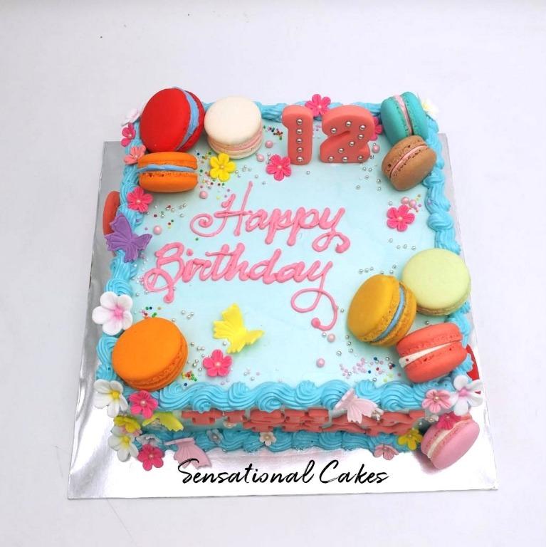 Colorful Macarons Square Cream Theme With Flower And Butterfly Design Girls Birthday Cake Singaporecake Macaroncake Girlscake Squarecake Childrencake Food Drinks Baked Goods On Carousell