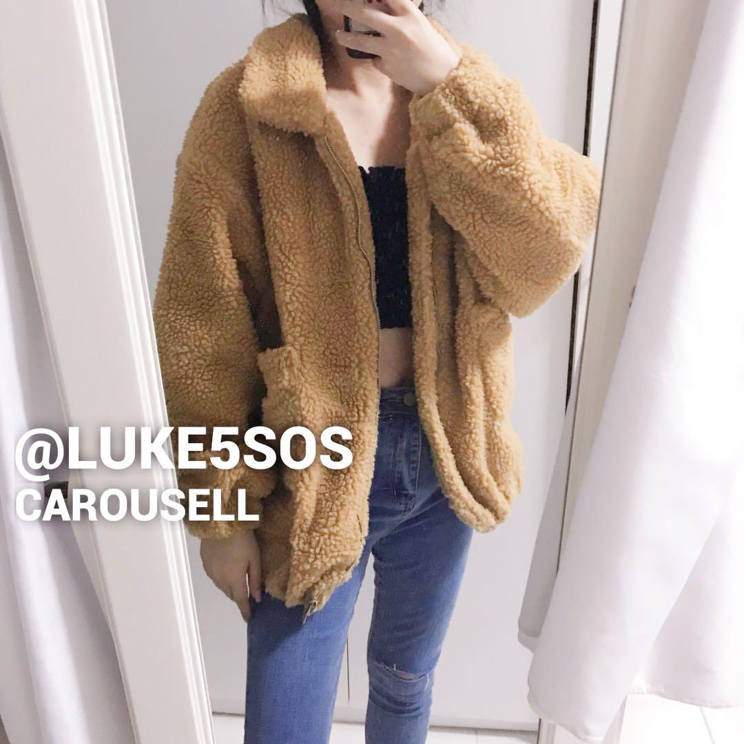 INSTOCKS Teddy furry jacket oversized outerwear tan brown