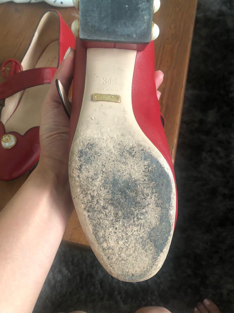 Red Gucci Mary Janes (for size 7) (Category: Loafers) located in Manila. Submitted by fashownkitty (Listing ID 276639248, Image 2). Description: Size 36.5 but runs big will fit a size 7 Sorry this has cat bites/ scratches .