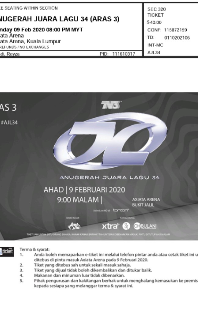 2 Keping Tiket Ajl 34 Aras 3 Tickets Vouchers Event Tickets On Carousell