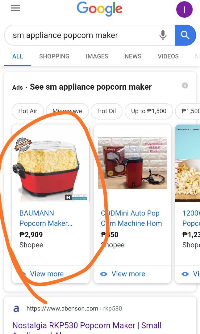 Baumann Popcorn Maker (Category: Ice-cream Makers) located in Makati City. Submitted by icesena09 (Listing ID 276839390, Image 2). Description: mall price/online price: 2,909 #kayakorin.