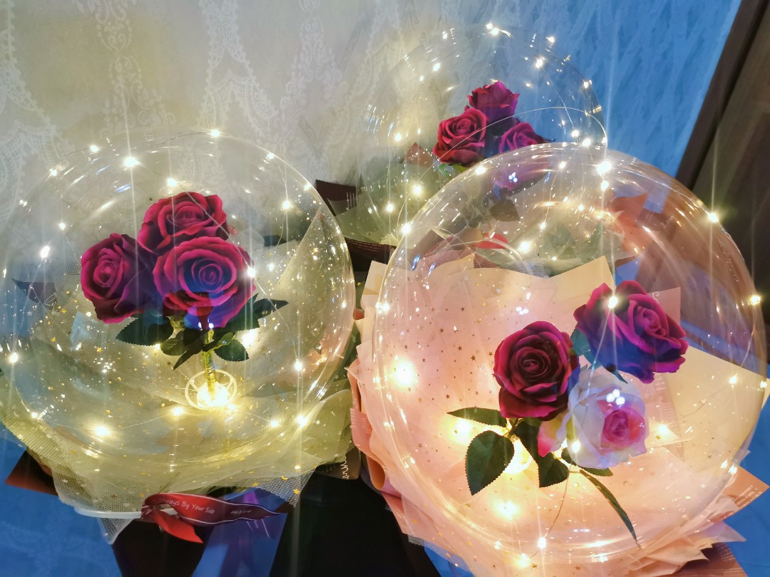 3 x Stalk Red Pink Rose Bouquet Flower Bobo Balloon in a Cleared Latex