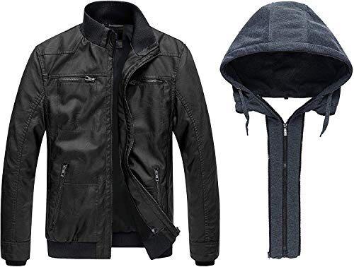 Men's faux leather clearance jacket with removable hood
