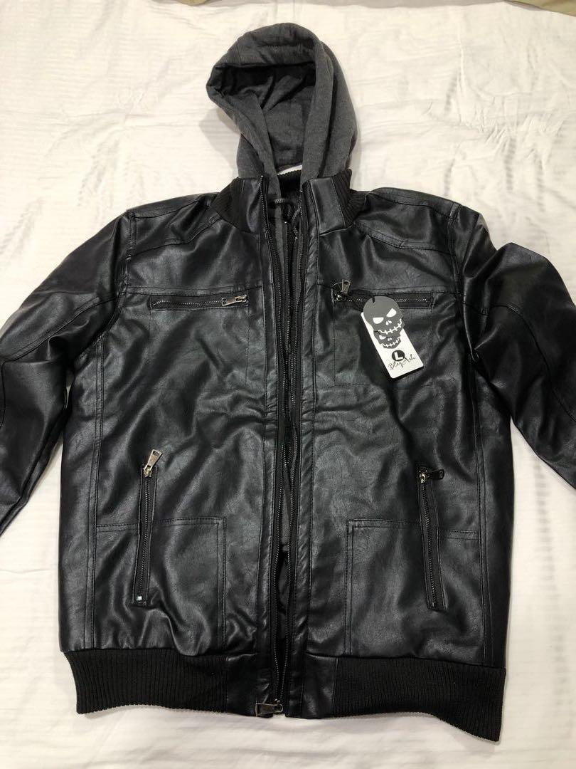 Men's faux leather clearance jacket with removable hood