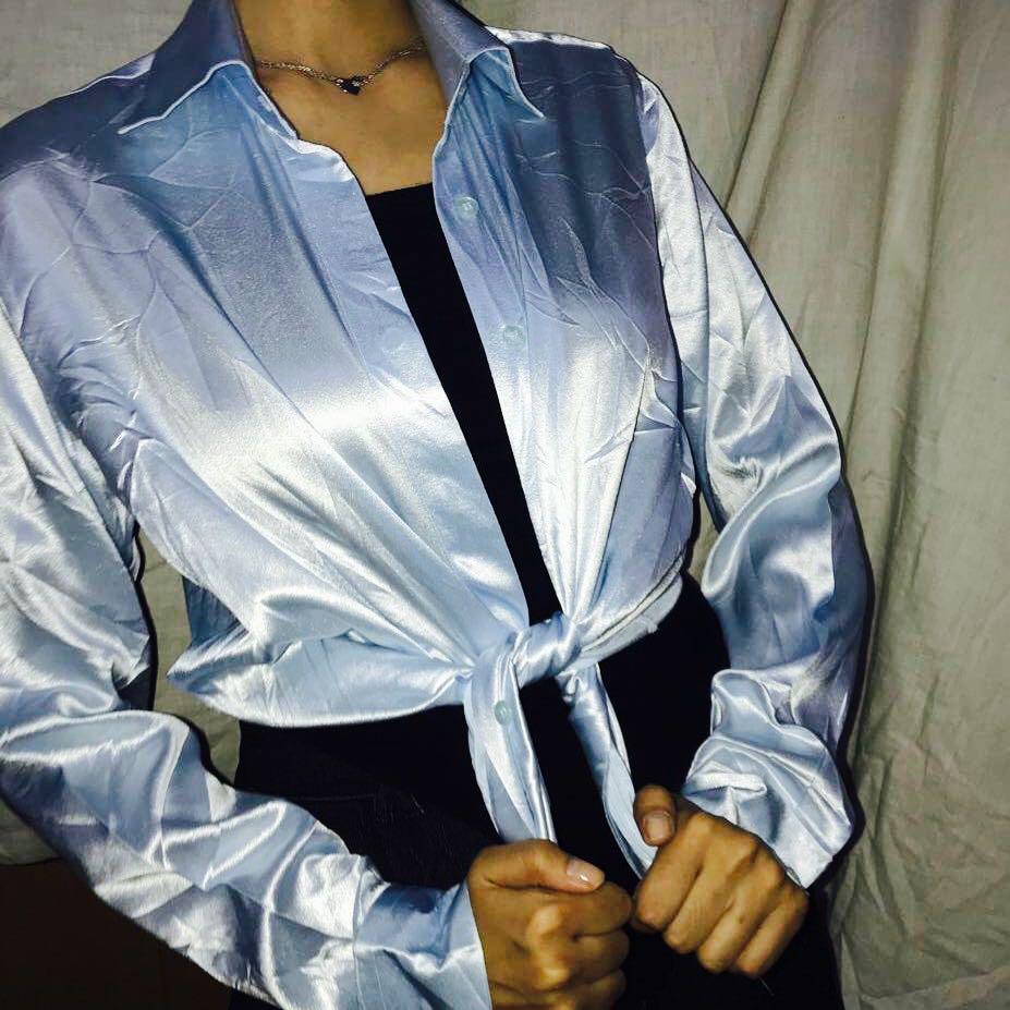 pale blue satin blouse