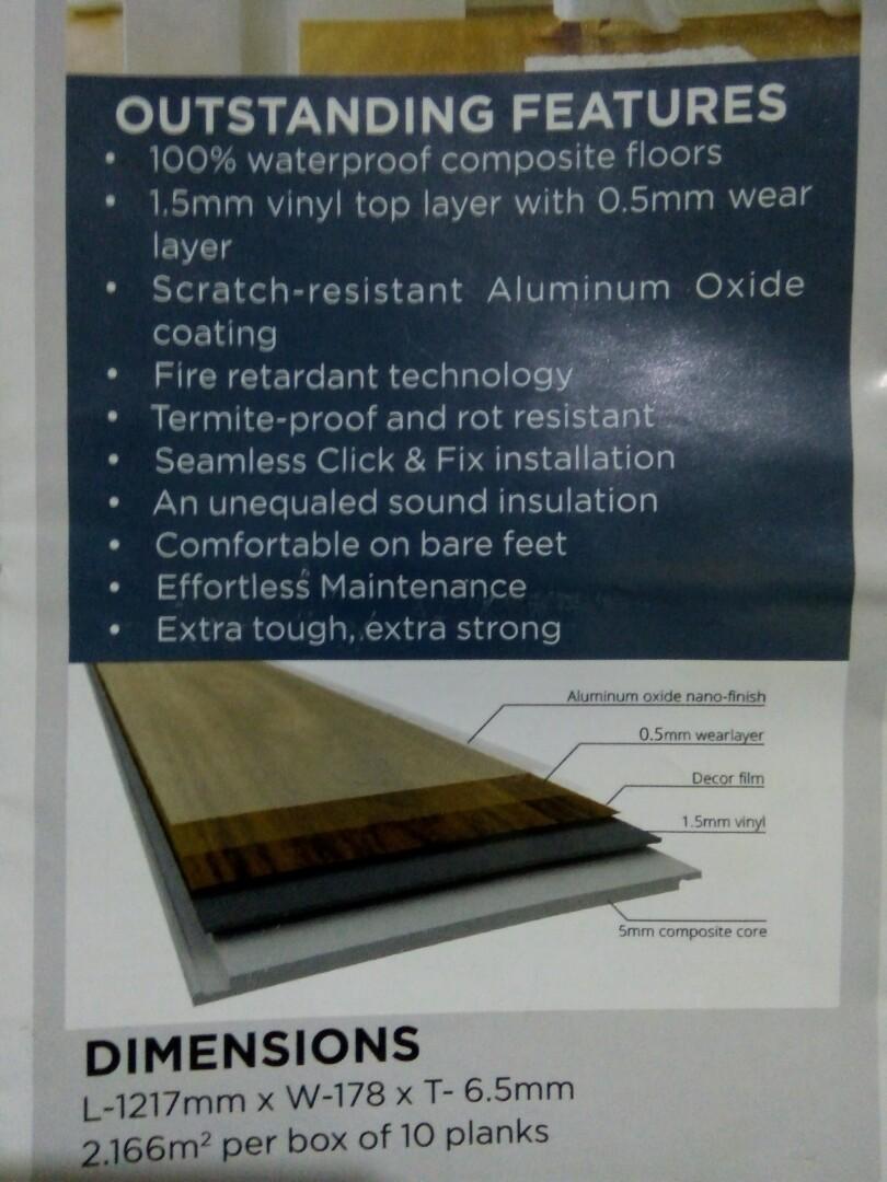 Waterproof Vinyl Laminate Flooring 6.5mm thick (Category: Construction & Building Materials) located in Makati City. Submitted by reachcomcabinet (Listing ID 276829963, Image 1). Description: Best in the industry with thickness of 6.5mm Click lock type vinyl flooring Features: 1) 100% Waterproof 2) Scratch resistant top coat 3) FIRE retardant material 4) Full proof against termites 5) Rotting resistant features 6) sound Proof is exceptional 7) Co