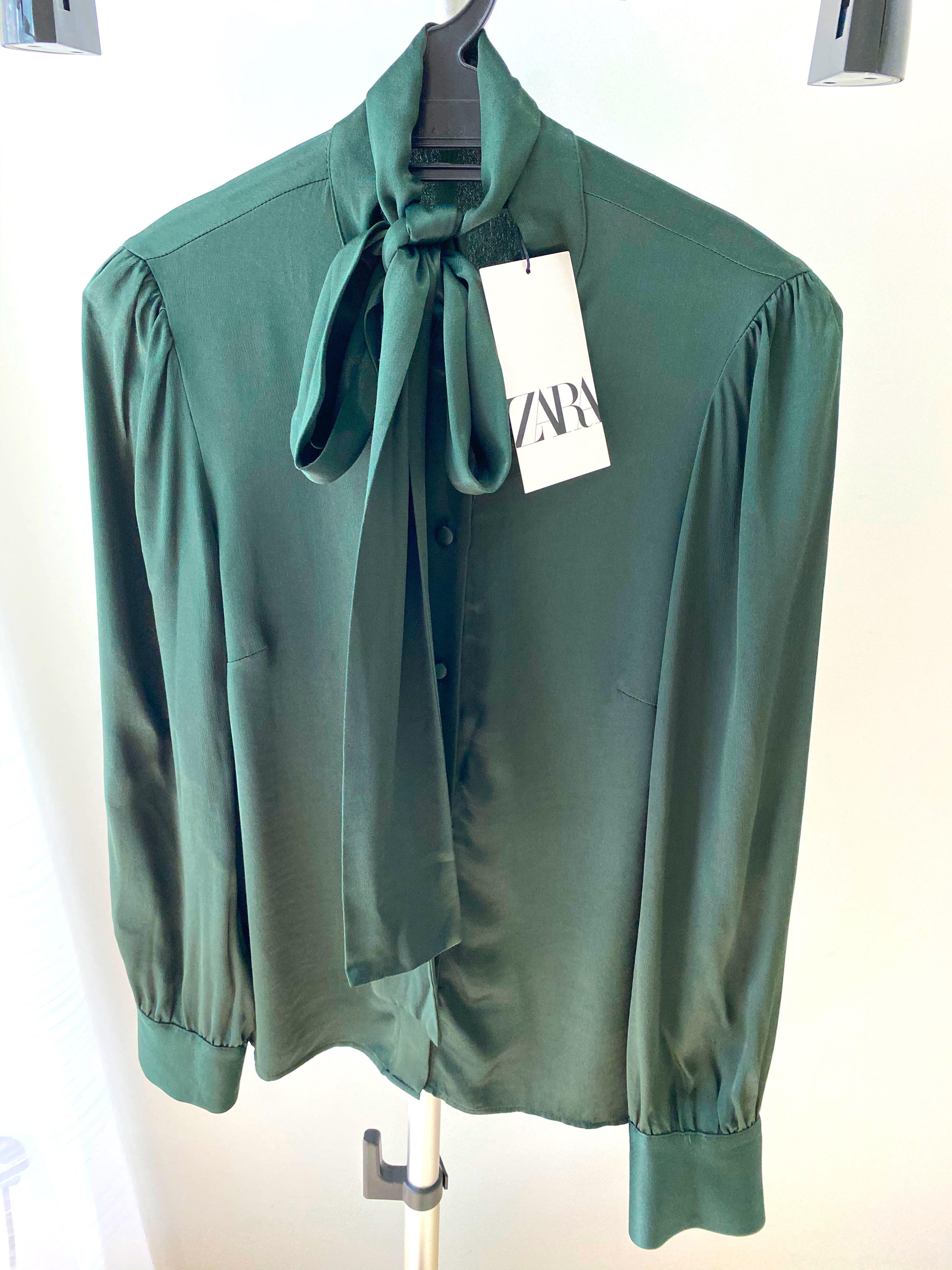 Zara satin blouse with tied bow detail (NEW), Women's Fashion 