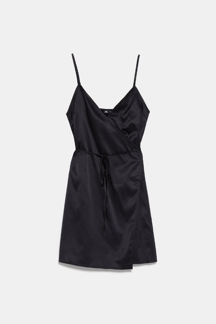 Zara satin wrap dress (black), Women's Fashion, Tops, Sleeveless on  Carousell