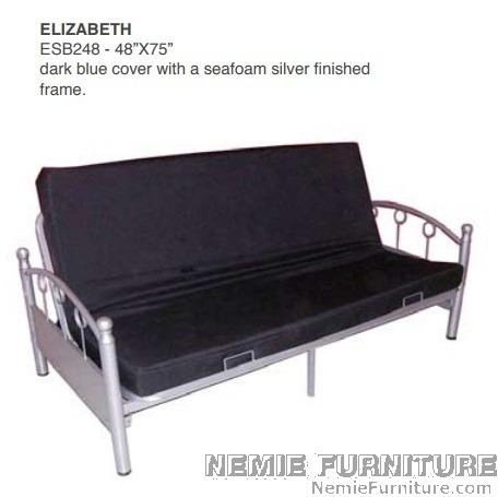 ELIZABETH sofa bed (Category: Sofas) located in Quezon City. Submitted by nemiefurniture (Listing ID 276980451, Image 1). Description: sofa bed with metal frame 48" x 75" color: silver frame with dark blue cover.