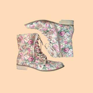Pink Floral Lace-Up Combat Boots