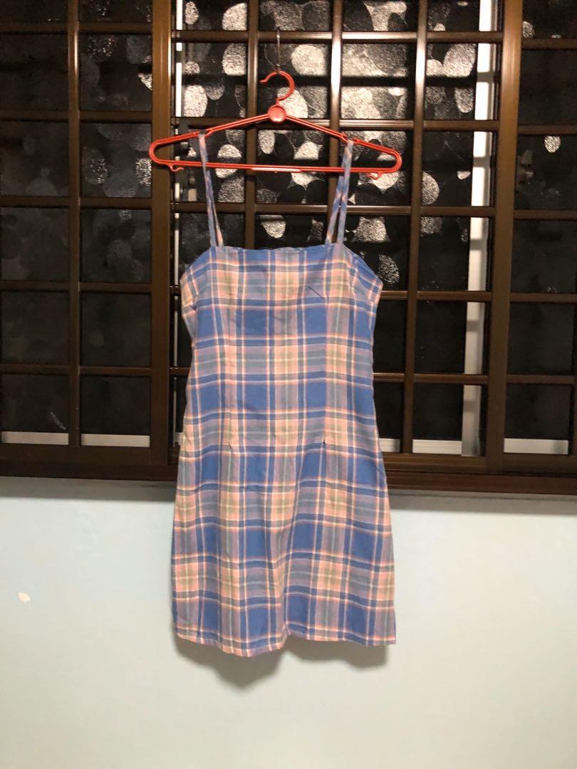 blue plaid pinafore dress