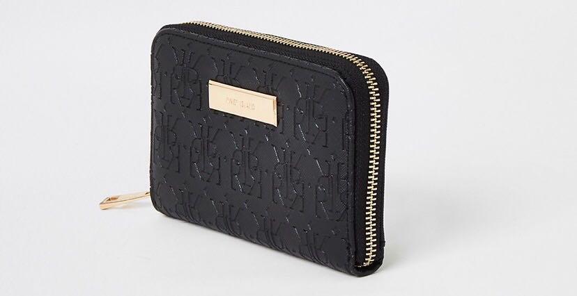 River Island embossed monogram mini zip wallet in black