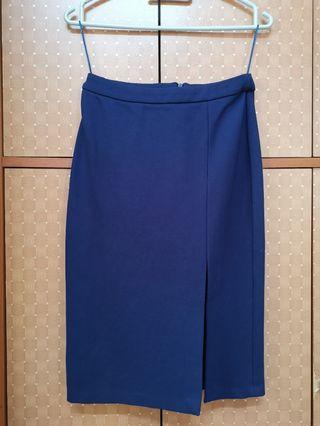 Blue Pencil Skirt midi skirt with slit and back zip