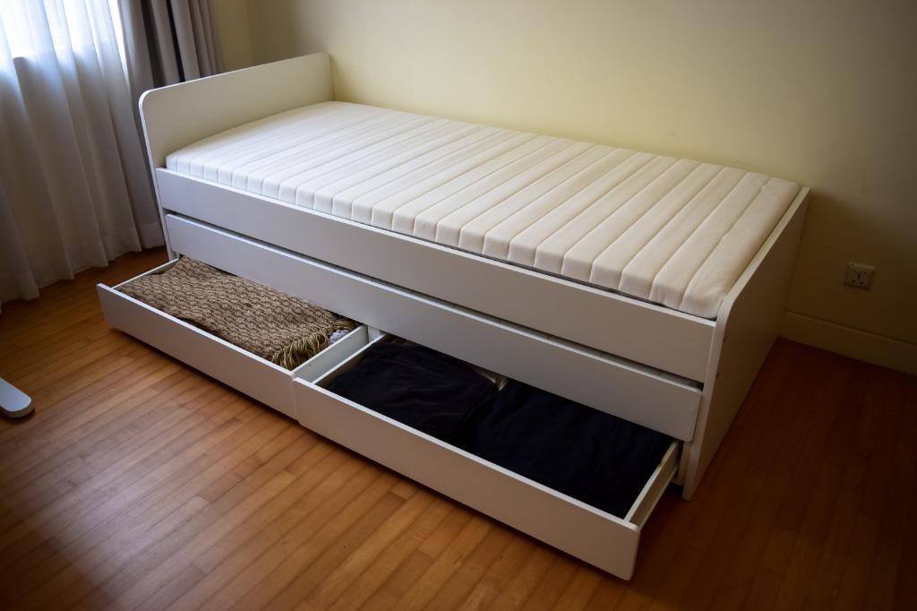 IKEA SLÄKT Bed frame with underbed and storage & 2 mattress, Furniture