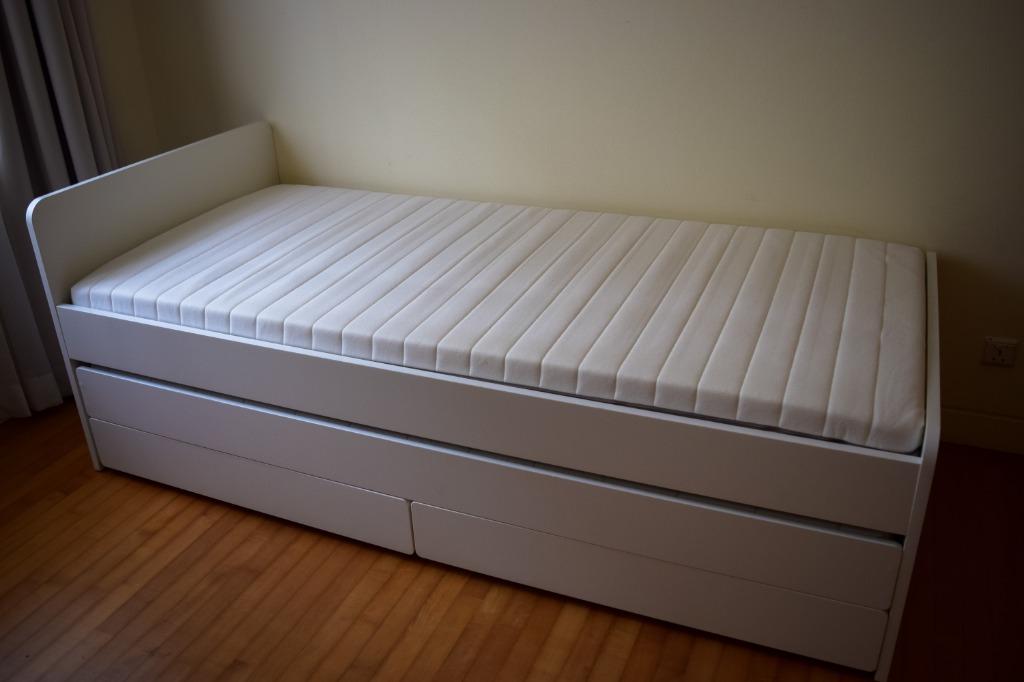 IKEA SLÄKT Bed frame with underbed and storage & 2 mattress, Furniture
